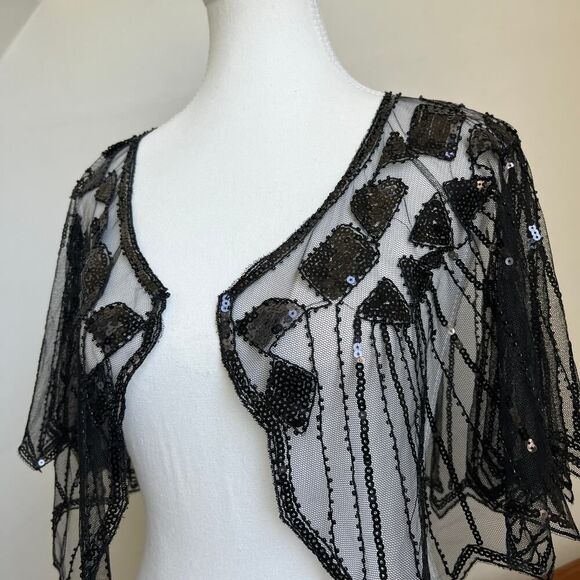 Sheer black beaded fishnet cape shawl topper Rachel Zoe flapper whimsygoth - Picture 4 of 9